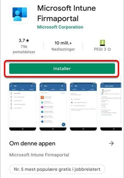 Android - Installer Microsoft Intune Firmaportal - Klikk for stort bilete